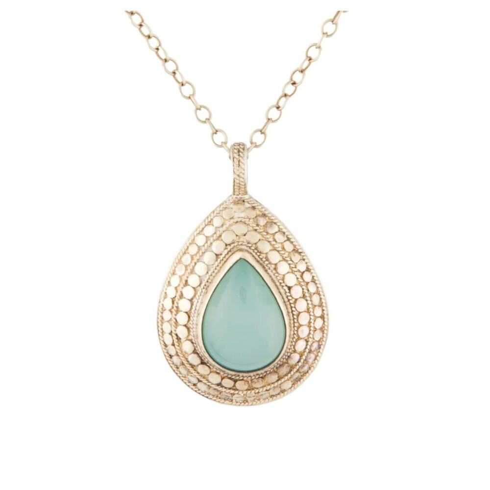 Anna Beck Chalcedony Scalloped Gold Silver Teardrop Pendant Green Stone Necklace